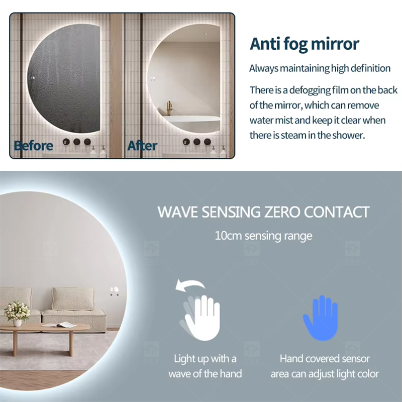 Modern Home Decor Half Moon Round Shape Led Light Smart Mirror Touch Sensor Switch Wall Bathroom Mirror