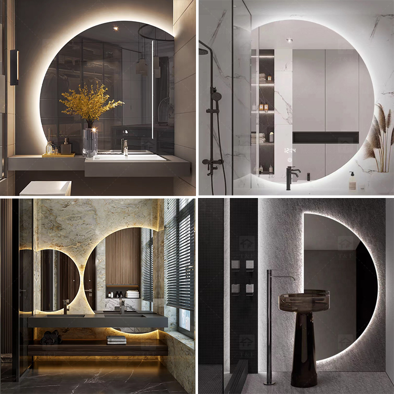 Modern Home Decor Half Moon Round Shape Led Light Smart Mirror Touch Sensor Switch Wall Bathroom Mirror