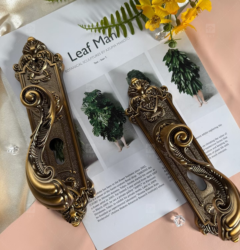 Modern Door Lever Handle Set Scroll Engraved Lock 304 Stainless Steel Brass Finish Easy Installation Hotel Apartment Use