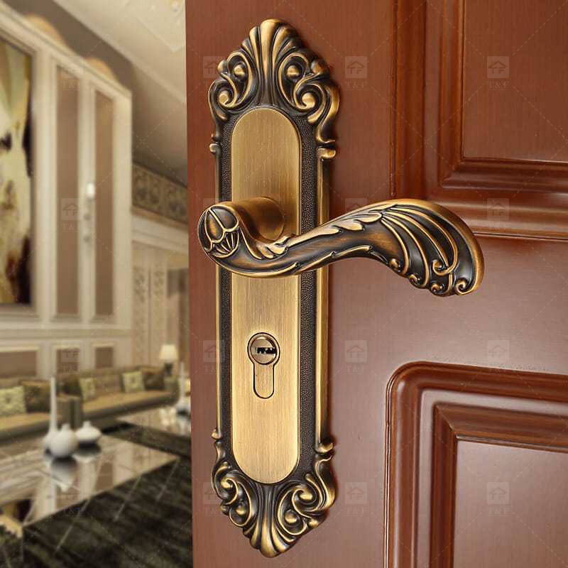 Modern Door Lever Handle Set Scroll Engraved Lock 304 Stainless Steel Brass Finish Easy Installation Hotel Apartment Use