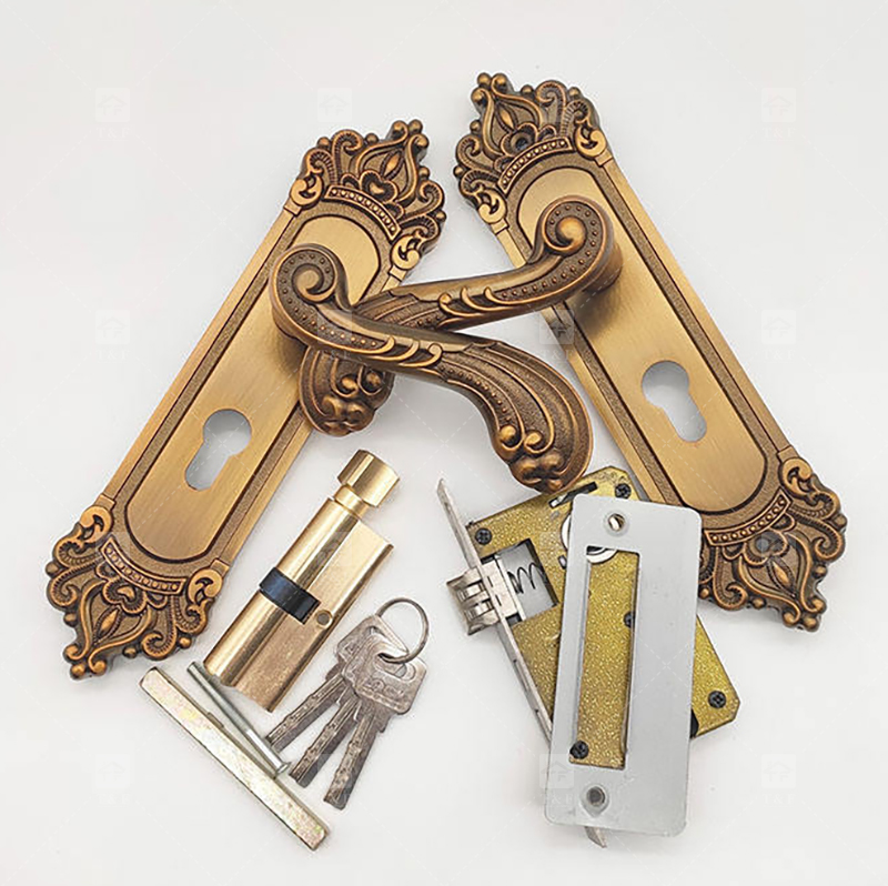 Modern Door Lever Handle Set Scroll Engraved Lock 304 Stainless Steel Brass Finish Easy Installation Hotel Apartment Use