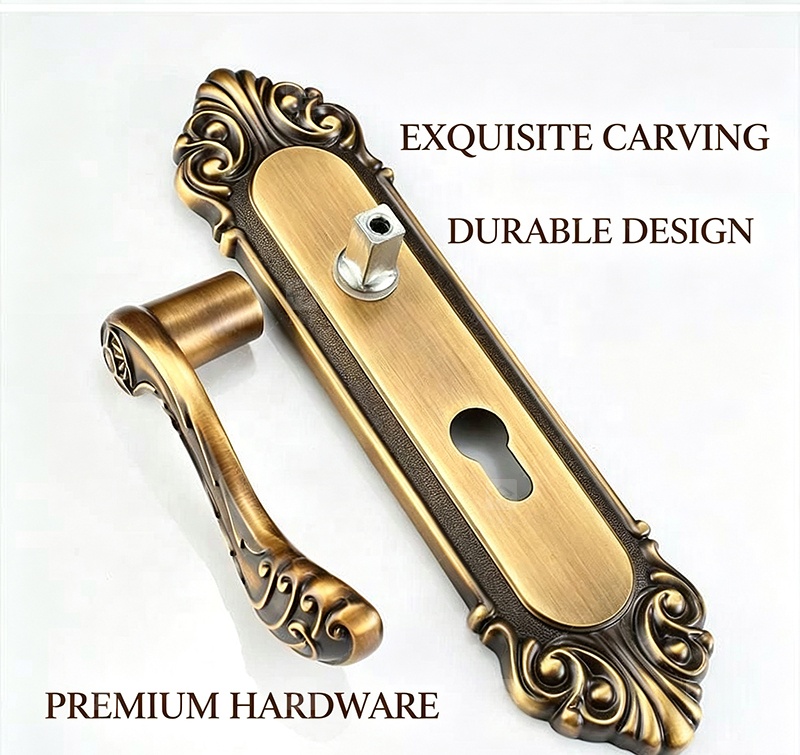 Modern Door Lever Handle Set Scroll Engraved Lock 304 Stainless Steel Brass Finish Easy Installation Hotel Apartment Use