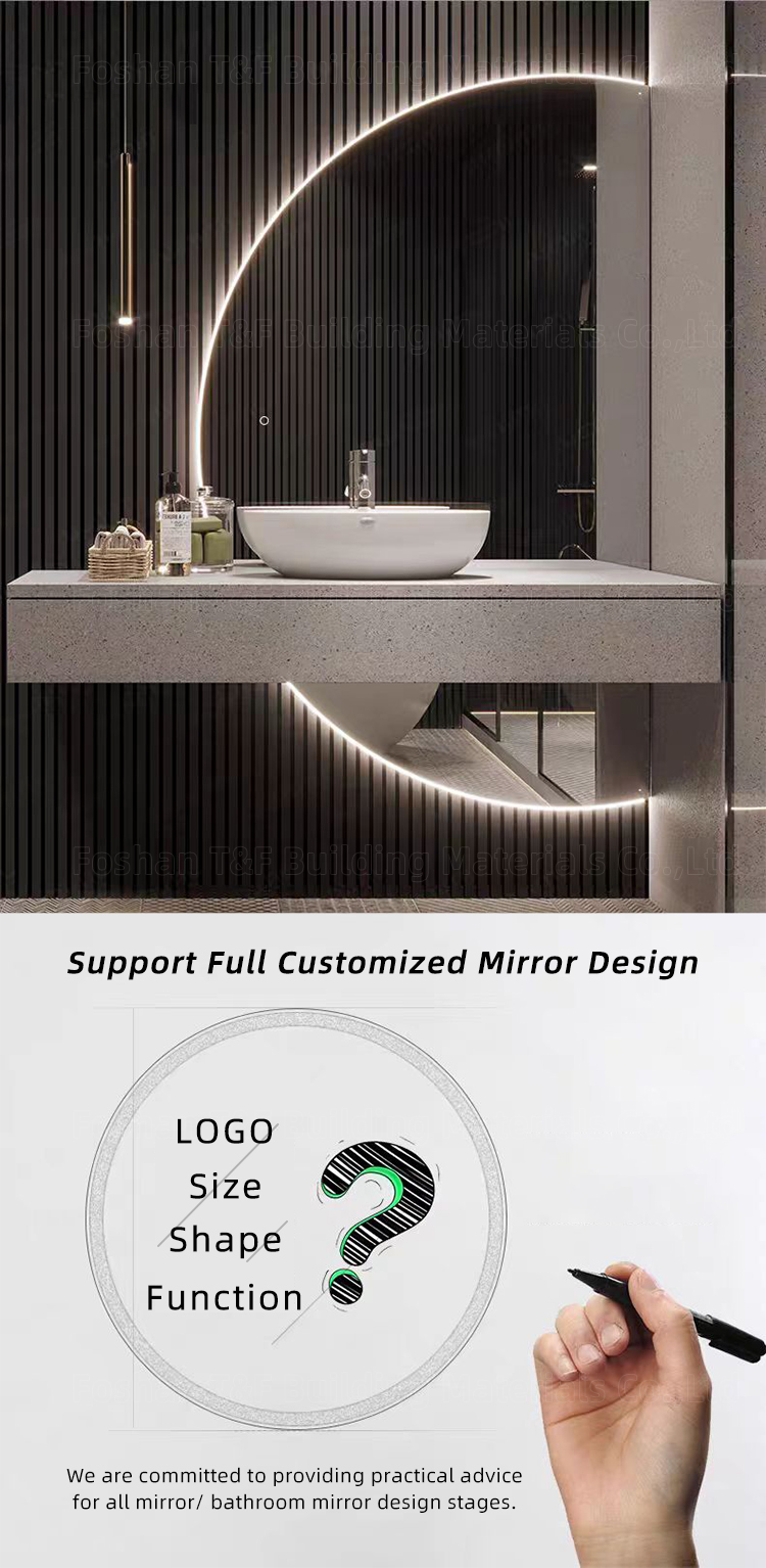Modern Home Decor Half Moon Round Shape Led Light Smart Mirror Touch Sensor Switch Wall Bathroom Mirror