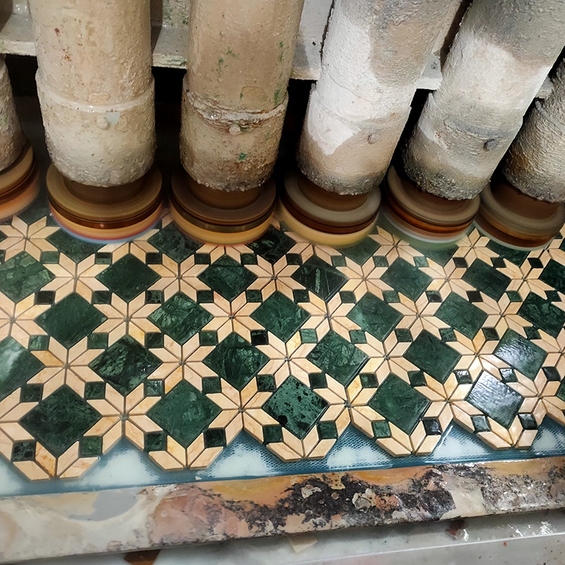 Mid Century Retro Classic Design Beige Green Waterjet Parquet Wall Floor Stone Marble Mosaic