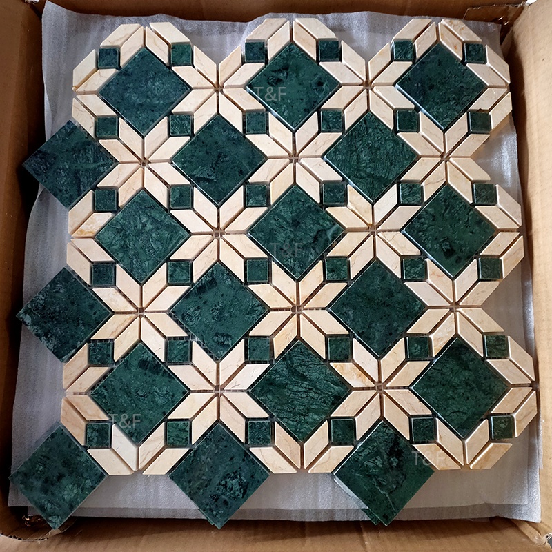 Mid Century Retro Classic Design Beige Green Waterjet Parquet Wall Floor Stone Marble Mosaic