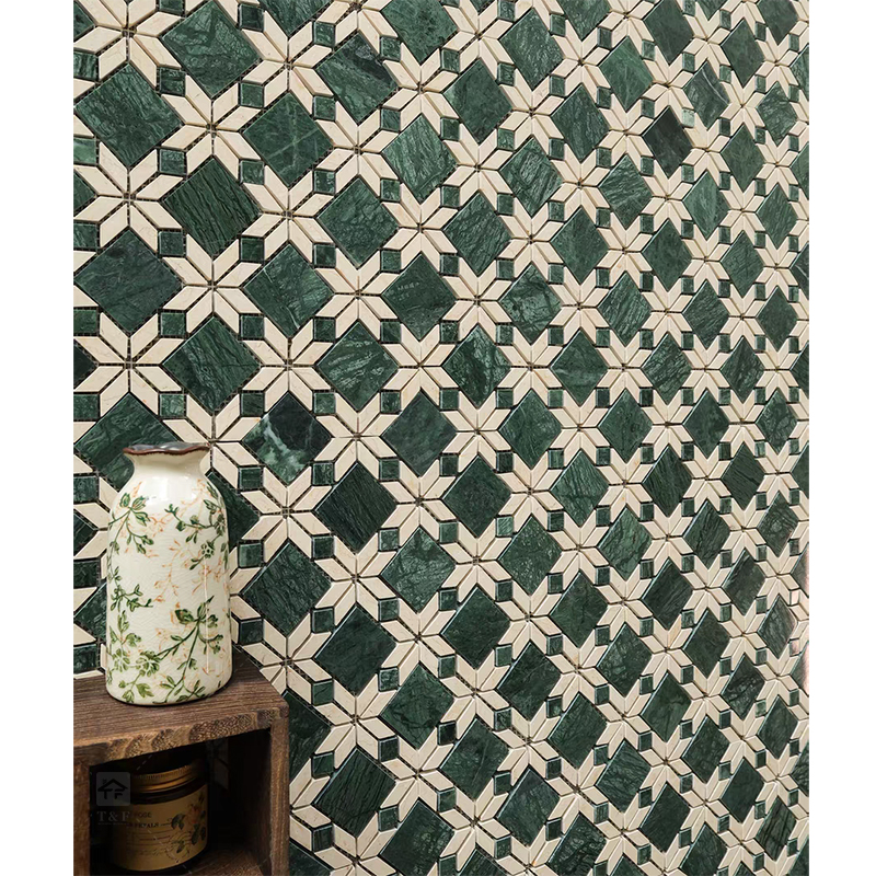 Mid Century Retro Classic Design Beige Green Waterjet Parquet Wall Floor Stone Marble Mosaic