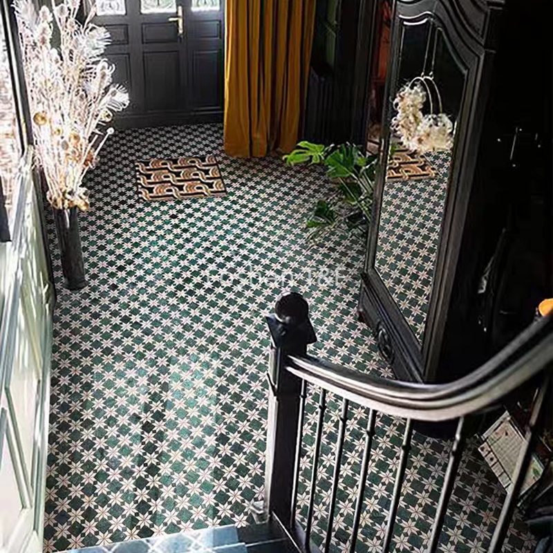 Mid Century Retro Classic Design Beige Green Waterjet Parquet Wall Floor Stone Marble Mosaic