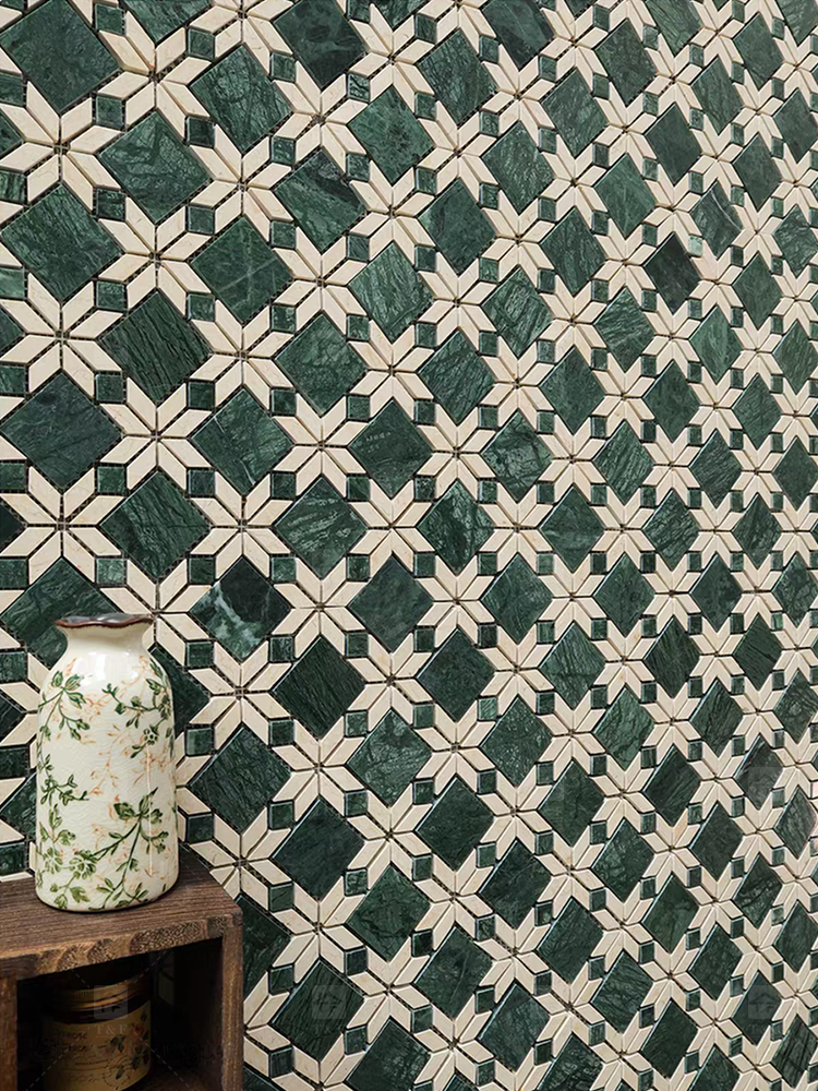Mid Century Retro Classic Design Beige Green Waterjet Parquet Wall Floor Stone Marble Mosaic