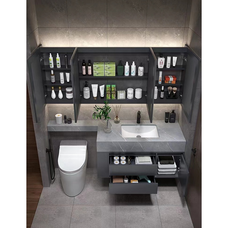 Light Luxury Extension Cut Corner Custom Sintered Stone Bathroom Washbasin Toilet Vanity Smart LED Mirrored Cabinet with Sink