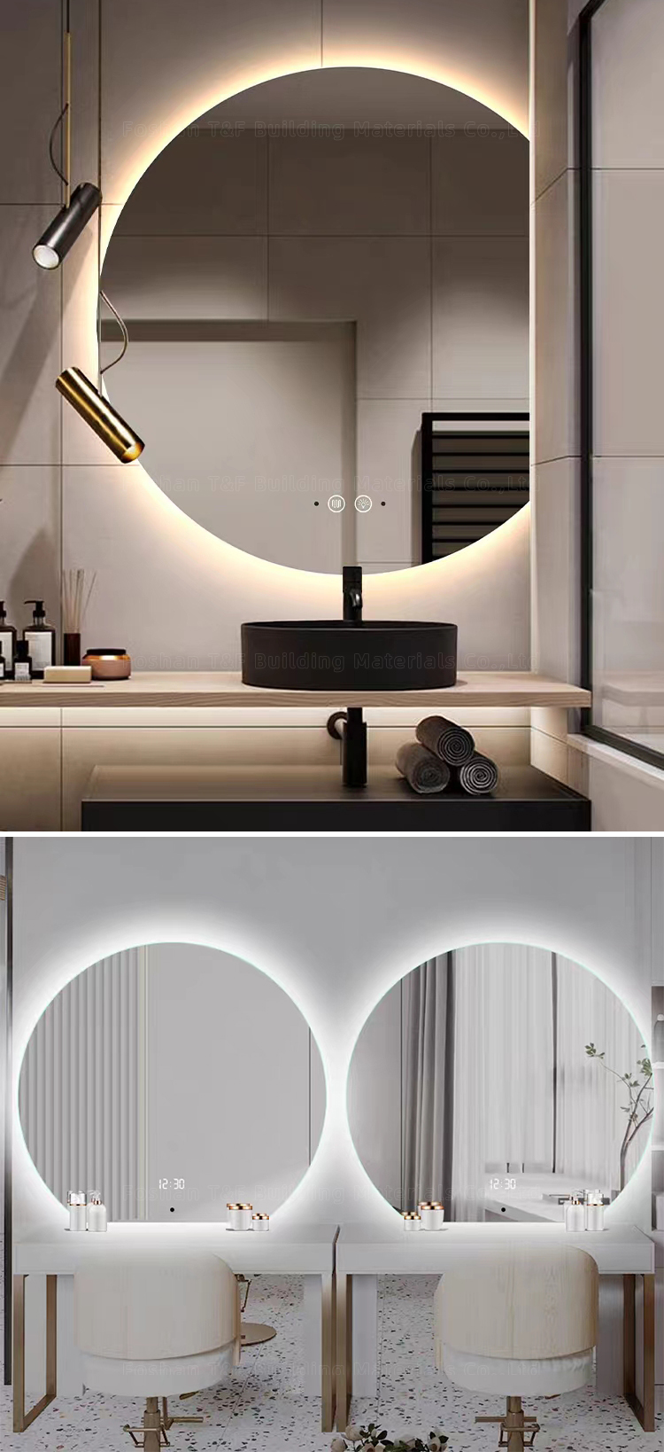 Hotel Bathroom Vanity Wall Half Round Mirror Customized Led Backlit Defogger Smart Half Moon Bath Mirrors