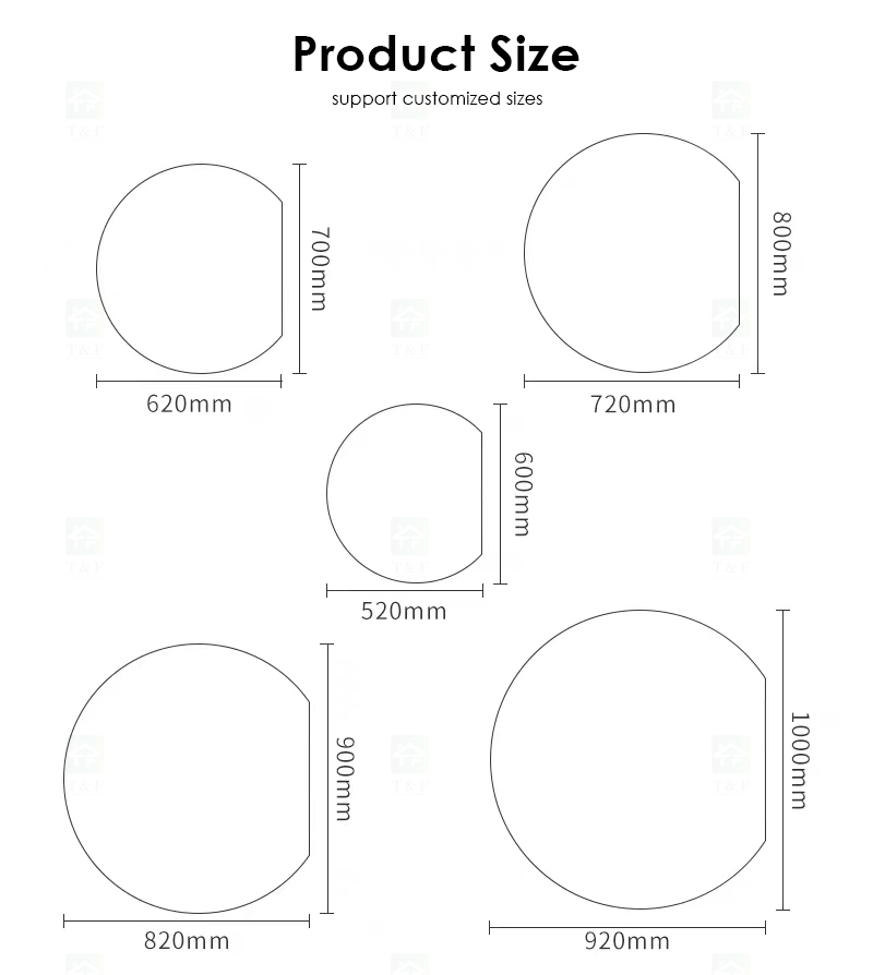 Hotel Bathroom Vanity Wall Half Round Mirror Customized Led Backlit Defogger Smart Half Moon Bath Mirrors