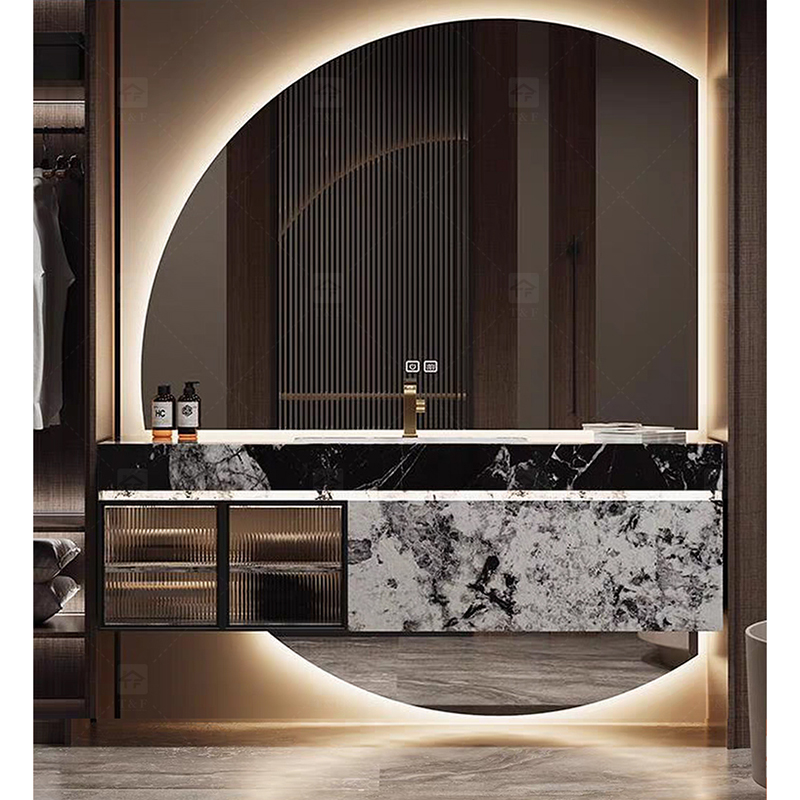 Luxury Solid Wood Bathroom Drawer Storage Vanity Cabinet With Half Moon Mirror Wash Basin for Hotel Bathroom