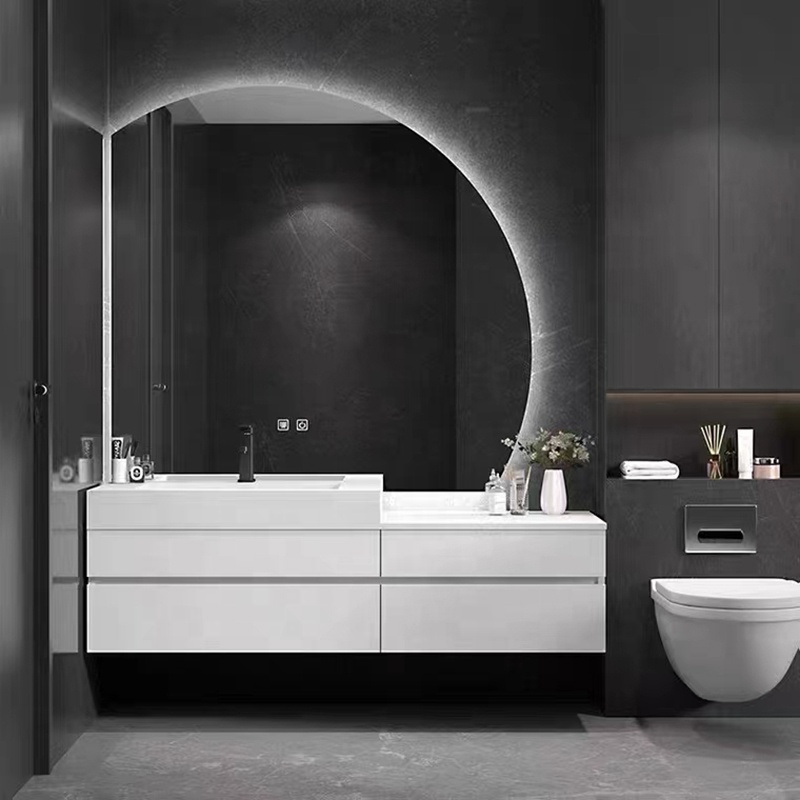 Luxury Solid Wood Bathroom Drawer Storage Vanity Cabinet With Half Moon Mirror Wash Basin for Hotel Bathroom