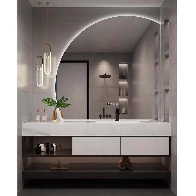 Luxury Solid Wood Bathroom Drawer Storage Vanity Cabinet With Half Moon Mirror Wash Basin for Hotel Bathroom