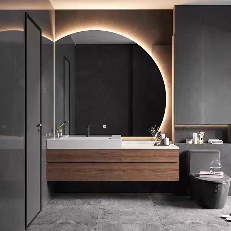 Luxury Solid Wood Bathroom Drawer Storage Vanity Cabinet With Half Moon Mirror Wash Basin for Hotel Bathroom