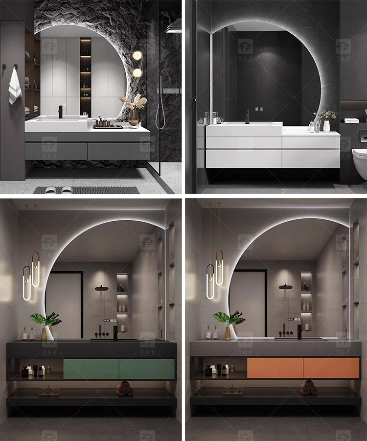 Luxury Solid Wood Bathroom Drawer Storage Vanity Cabinet With Half Moon Mirror Wash Basin for Hotel Bathroom