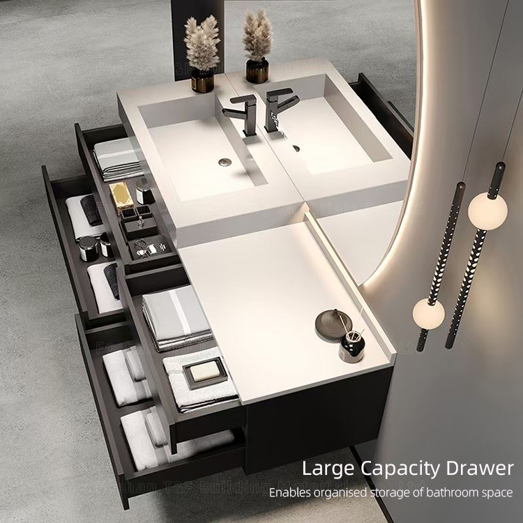 Luxury Solid Wood Bathroom Drawer Storage Vanity Cabinet With Half Moon Mirror Wash Basin for Hotel Bathroom