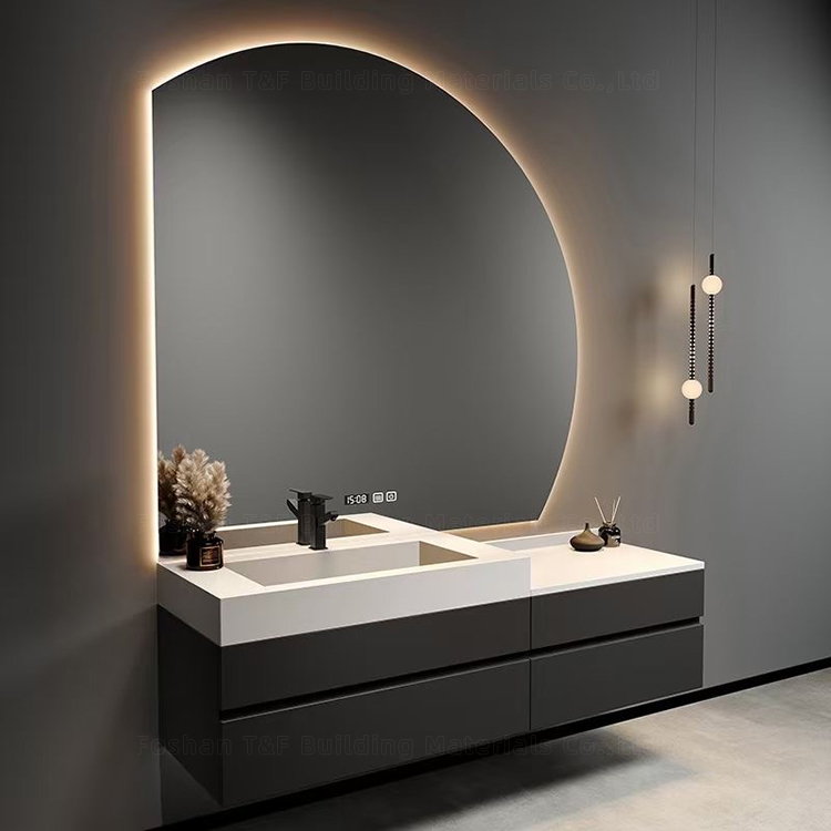 Luxury Solid Wood Bathroom Drawer Storage Vanity Cabinet With Half Moon Mirror Wash Basin for Hotel Bathroom