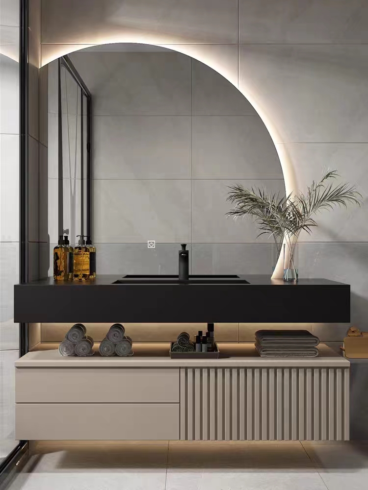 Luxury Solid Wood Bathroom Drawer Storage Vanity Cabinet With Half Moon Mirror Wash Basin for Hotel Bathroom