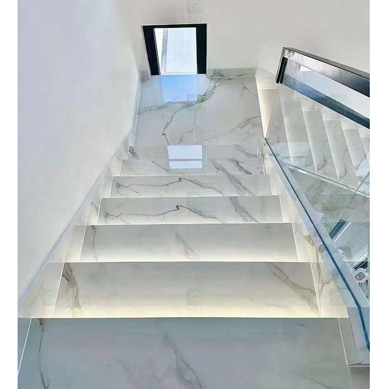 Customized Design Polished White Marble Look Porcelain Floor Tiles Stairs Matte Sintered Stone Stair Steps and Risers