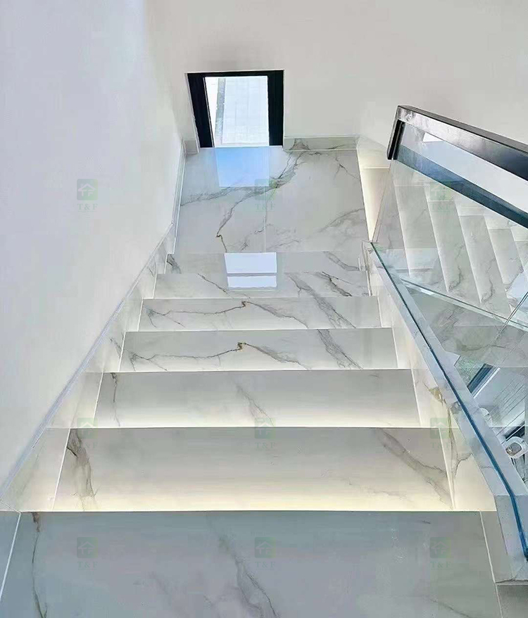 Customized Design Polished White Marble Look Porcelain Floor Tiles Stairs Matte Sintered Stone Stair Steps and Risers