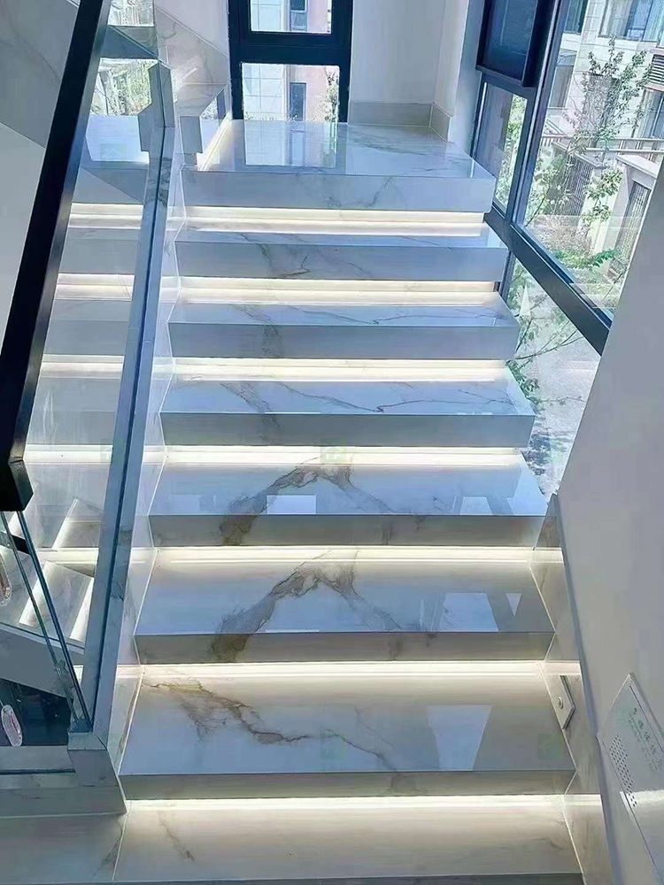 Customized Design Polished White Marble Look Porcelain Floor Tiles Stairs Matte Sintered Stone Stair Steps and Risers