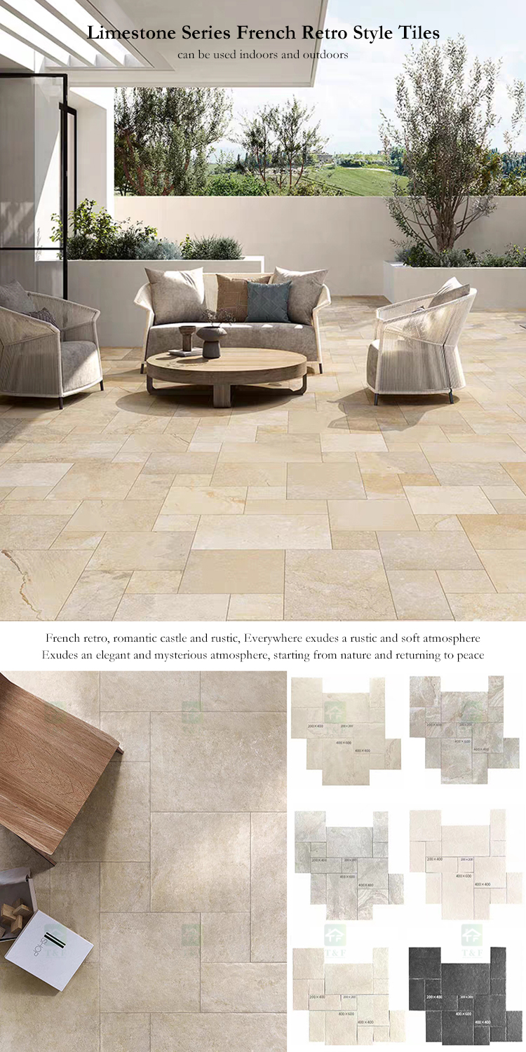 Limestone Tumbled French Pattern Full Body Porcelain Floor Tiles for Indoor and Outdoor