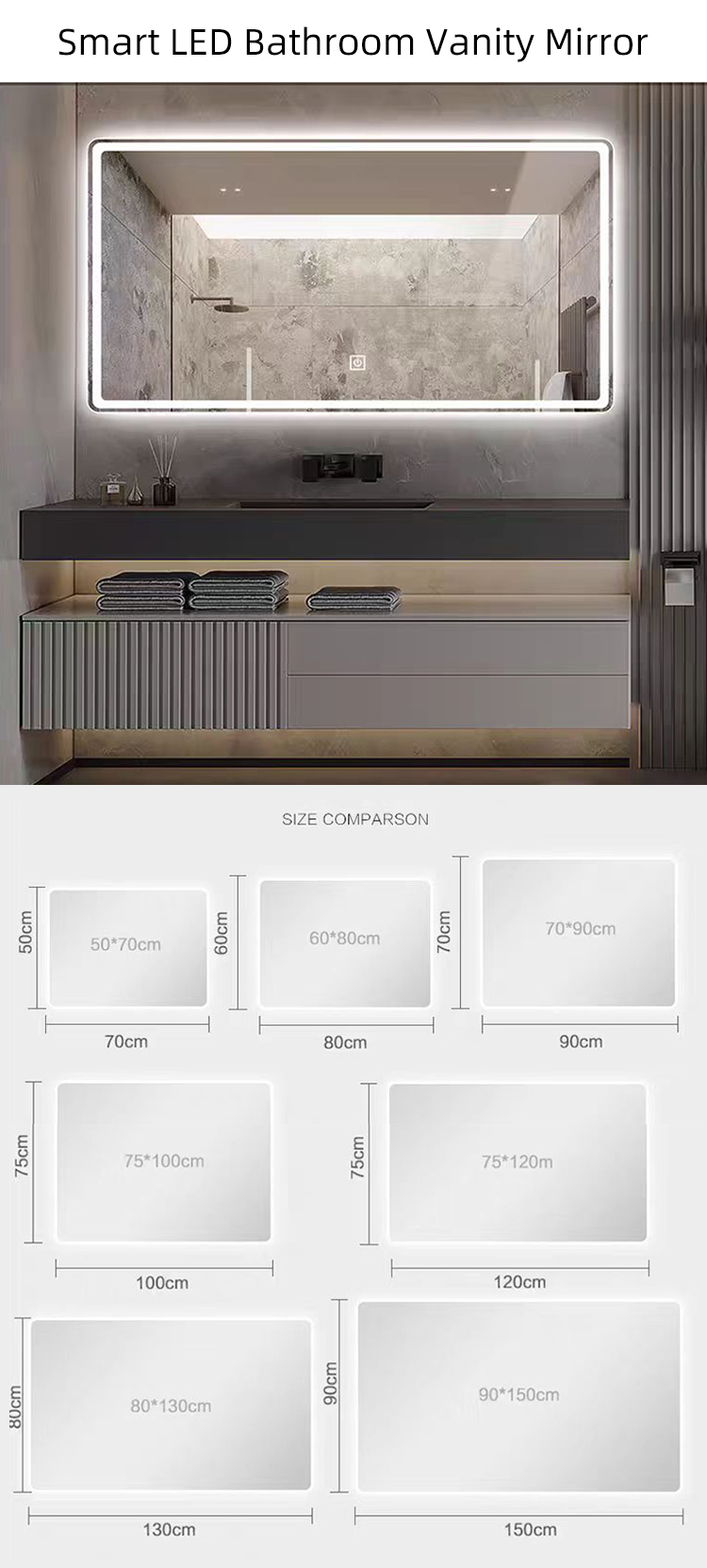 Hotel Anti-fog Touch Screen Sensor Switch Frameless Wall Makeup Vanity Smart LED Bathroom Mirror