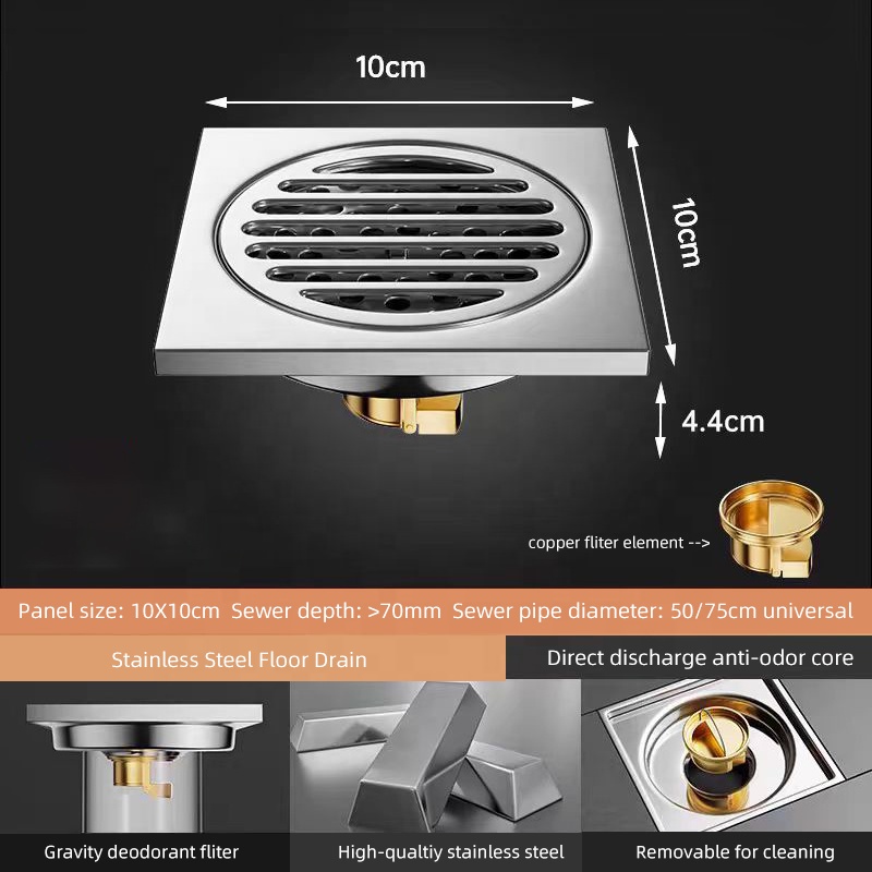 100x100 Insert Square Brass Filter Anti-odor Stainless Steel Bathroom Waste Gate Shower Room Floor Drain