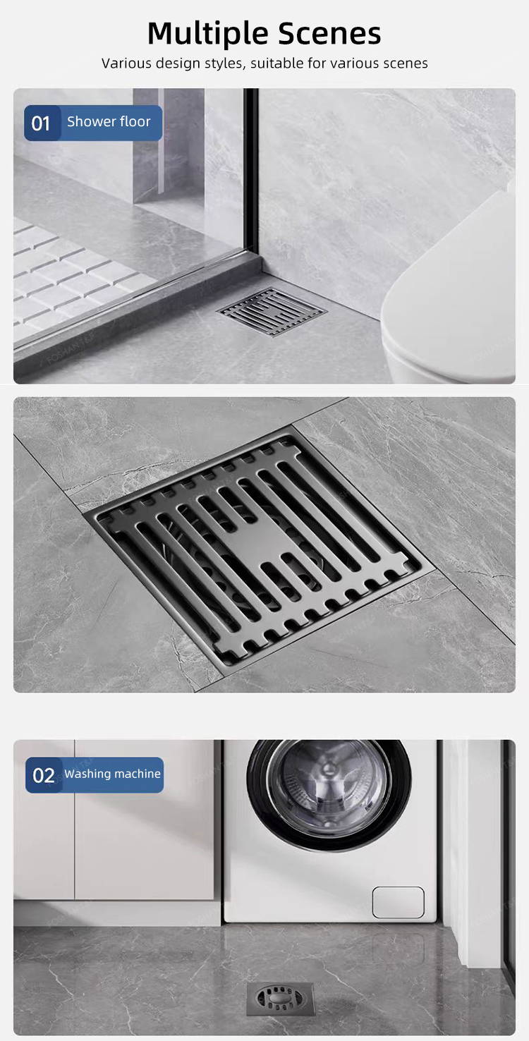 Modern Black Gray Bathroom Shower Accessories Brass 4 Inch Anti Odor SUS 201 304 Stainless Steel Floor Drain