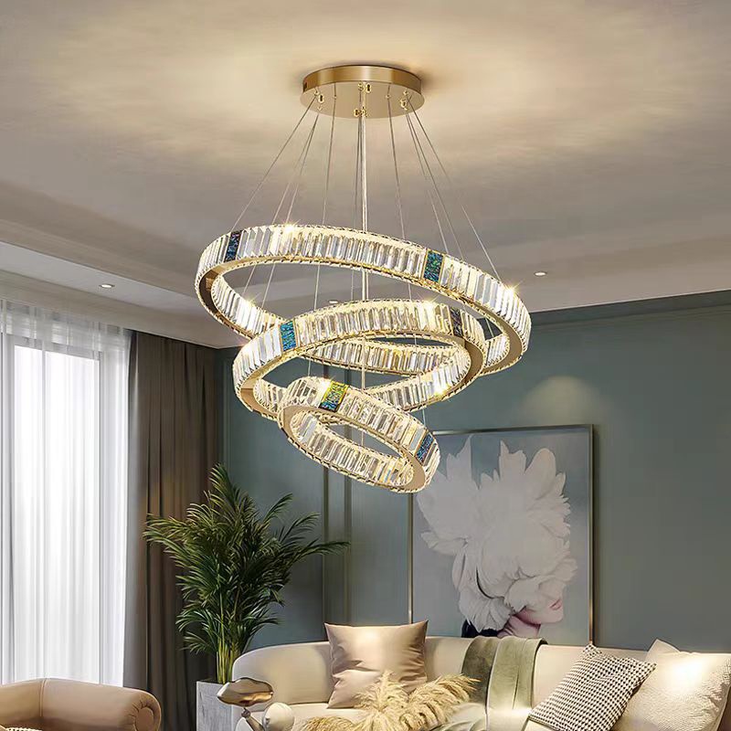 Luxury Decorative Round Circle Ring Stainless Steel Crystal Living Room Hanging Chandeliers Pendant Lights