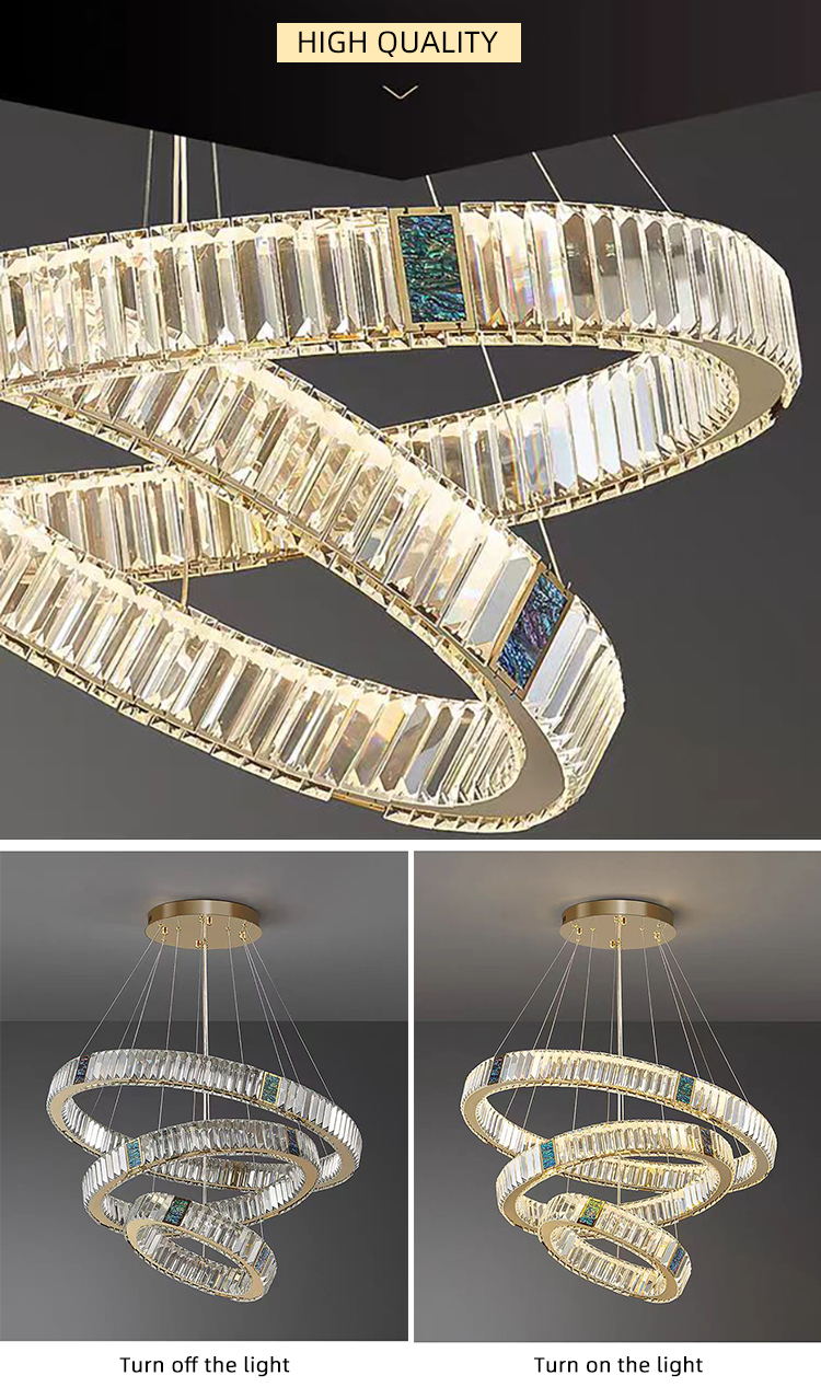 Luxury Decorative Round Circle Ring Stainless Steel Crystal Living Room Hanging Chandeliers Pendant Lights