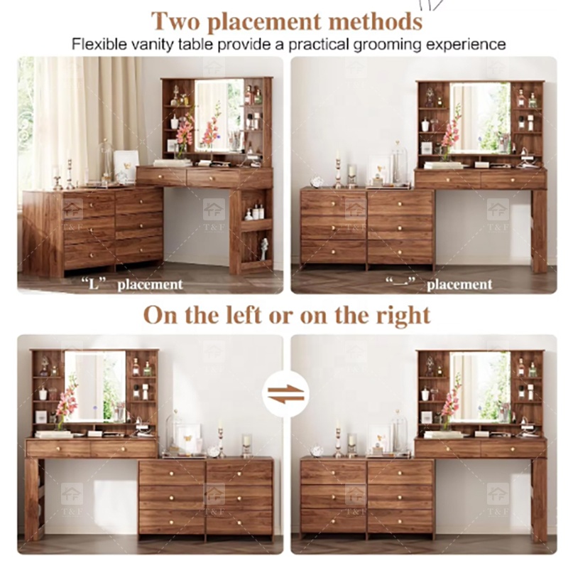 Modern Solid Wood LED-Lighted Vanity Dressing Table with Side Lights Mirror for Apartment Bathroom and Hotel Use