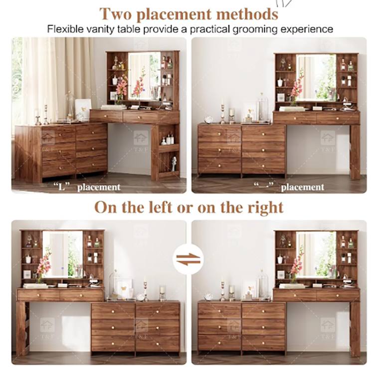 Modern Solid Wood LED-Lighted Vanity Dressing Table with Side Lights Mirror for Apartment Bathroom and Hotel Use