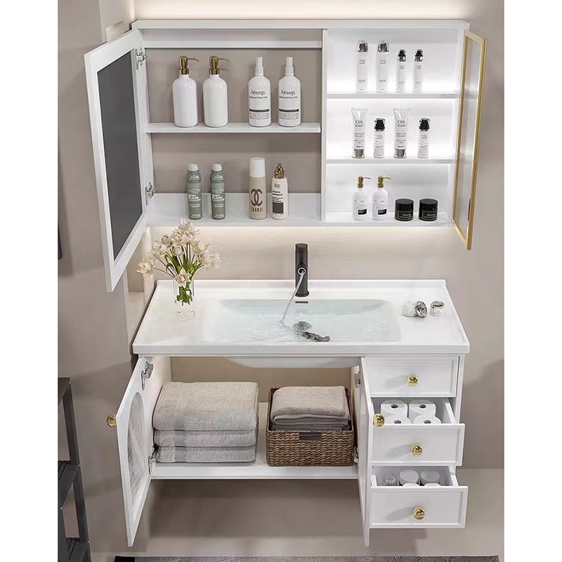 Modern French White Bathroom Vanity Combo with Integrated Ceramic Basin Sink and Smart Mirror Cabinet Vanity Con Luz Led