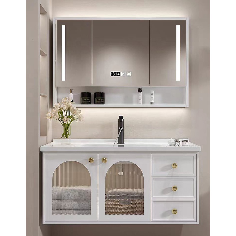 Modern French White Bathroom Vanity Combo with Integrated Ceramic Basin Sink and Smart Mirror Cabinet Vanity Con Luz Led