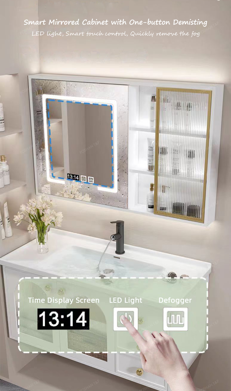 Modern French White Bathroom Vanity Combo with Integrated Ceramic Basin Sink and Smart Mirror Cabinet Vanity Con Luz Led