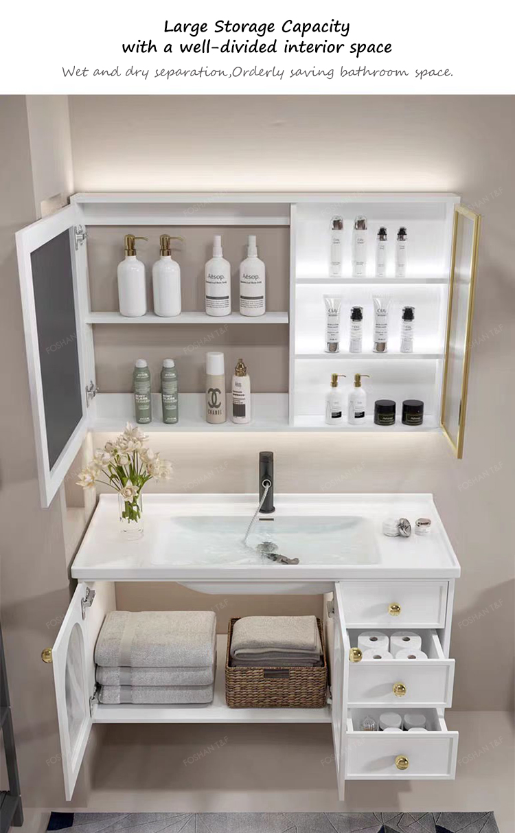 Modern French White Bathroom Vanity Combo with Integrated Ceramic Basin Sink and Smart Mirror Cabinet Vanity Con Luz Led