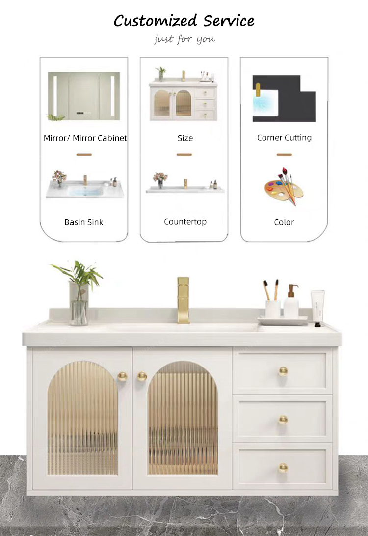 Modern French White Bathroom Vanity Combo with Integrated Ceramic Basin Sink and Smart Mirror Cabinet Vanity Con Luz Led