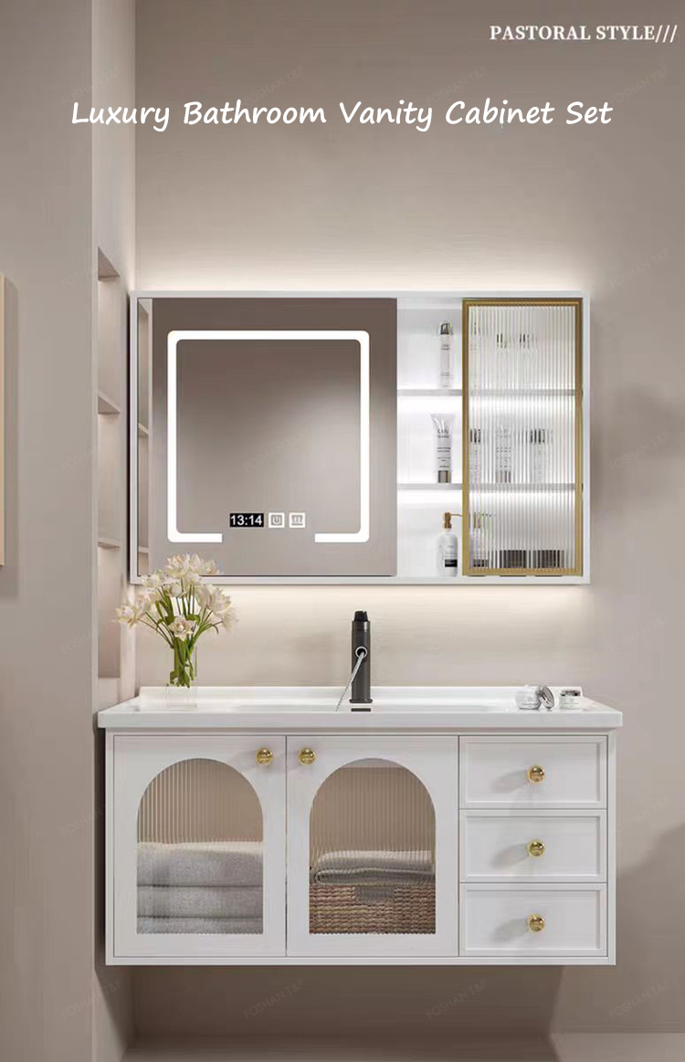 Modern French White Bathroom Vanity Combo with Integrated Ceramic Basin Sink and Smart Mirror Cabinet Vanity Con Luz Led