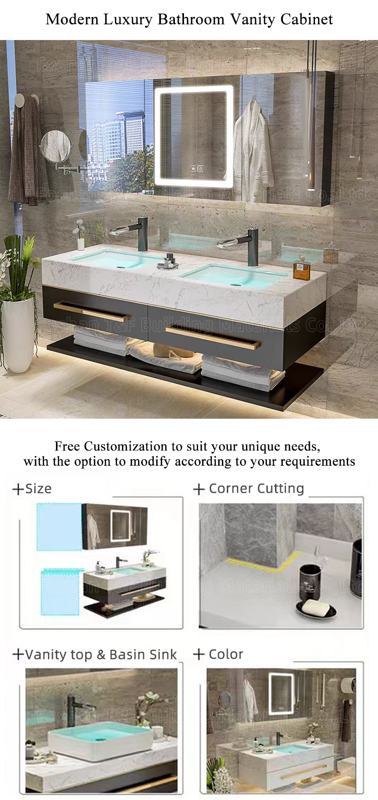 Hot Selling Bathroom Washbasin Cabinet Vanity Set With Smart Lighted Mirror and Sintered Stone Sink