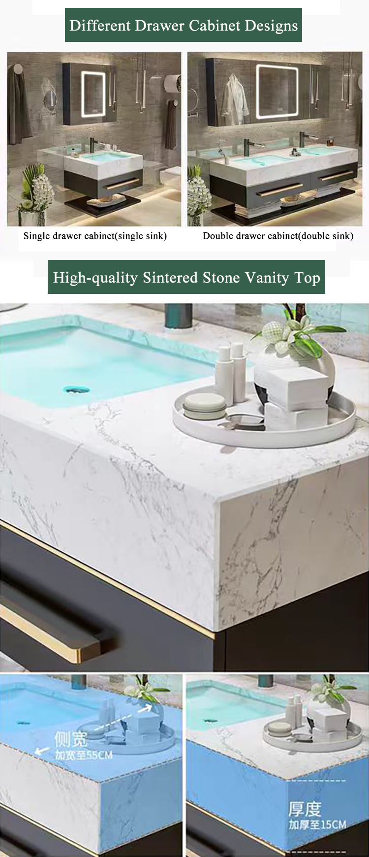 Hot Selling Bathroom Washbasin Cabinet Vanity Set With Smart Lighted Mirror and Sintered Stone Sink