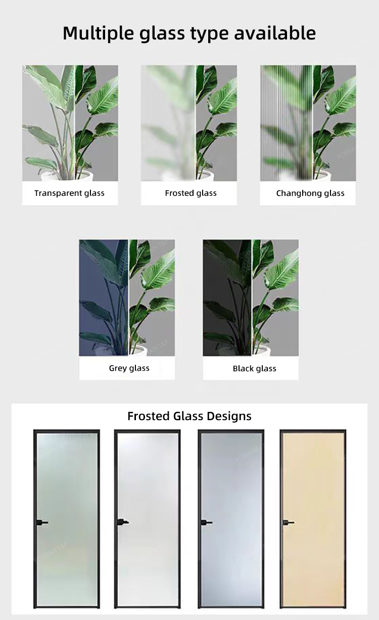 Modern Design Custom House Bathroom Narrow Slim Frame Glass Door Aluminium Swinging Partitions Casement for Interior Use