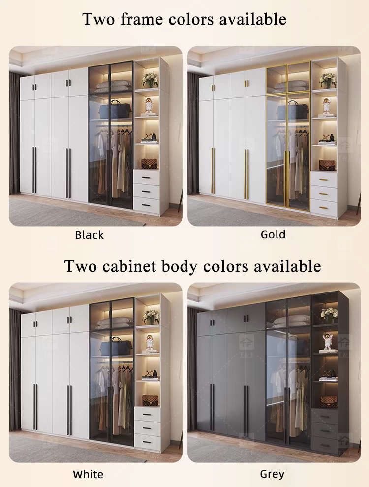 Modern Customized Bedroom Furniture Wooden Glass Door Swing Clothes Storage Wardrobe Cabinet