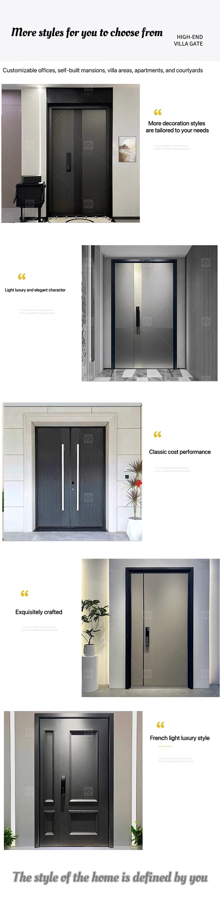 Italian Style Modern Entrance Door Waterproof Stainless Steel Aluminum Security Door for Exterior New Design for Houses