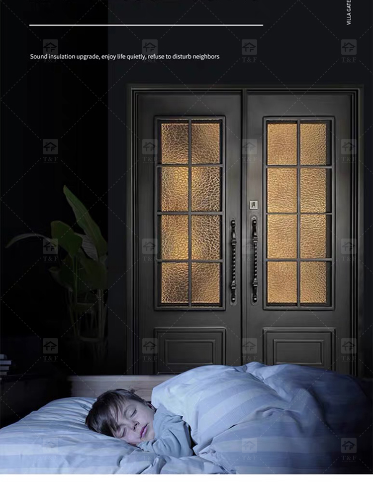 Modern Anti-Theft Double Layer Tempered Glass Front Main Entry Doors French Style Aluminum Alloy & Wood Black for Villas