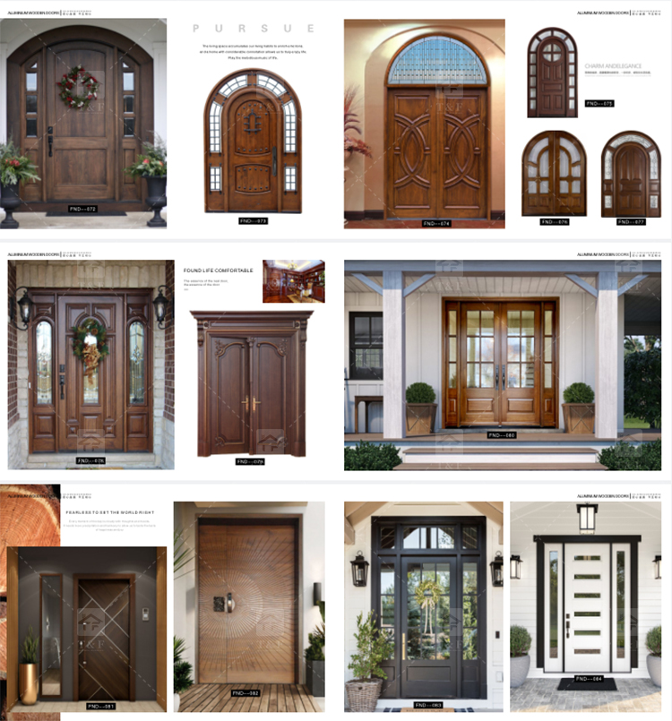 Modern Anti-Theft Double Layer Tempered Glass Front Main Entry Doors French Style Aluminum Alloy & Wood Black for Villas