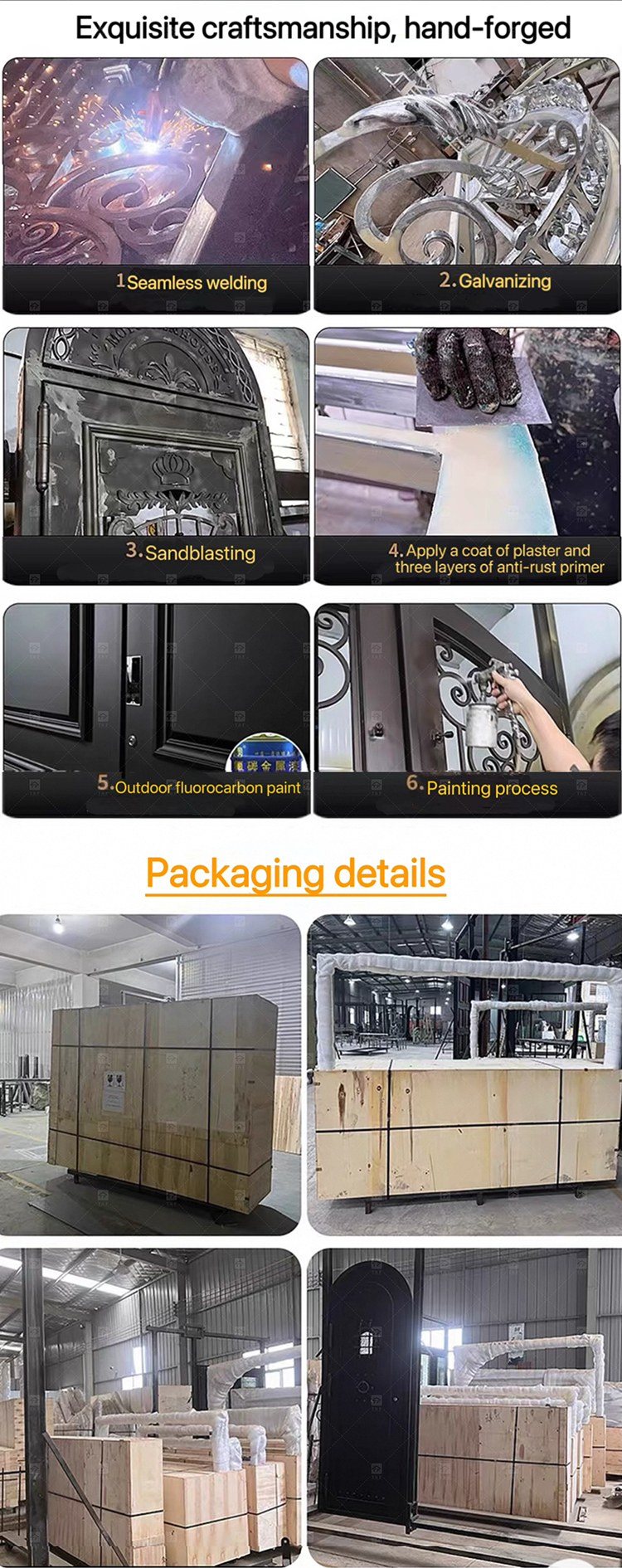 Modern Anti-Theft Double Layer Tempered Glass Front Main Entry Doors French Style Aluminum Alloy & Wood Black for Villas