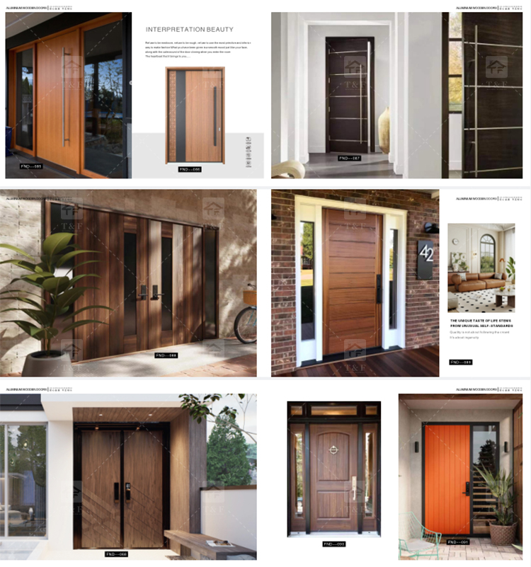 Modern Anti-Theft Double Layer Tempered Glass Front Main Entry Doors French Style Aluminum Alloy & Wood Black for Villas
