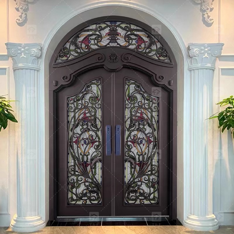 Hot Sale French Aluminum Wrought Iron Door Security Iron Exterior Front Entry Anti-theft Chinese Apartments Villas Outdoor